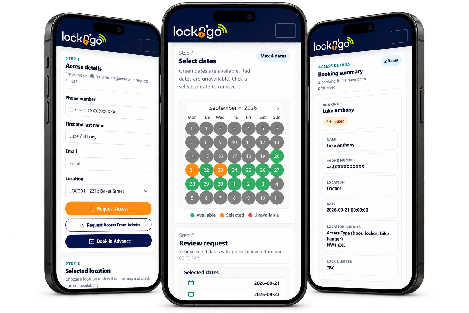 Three LocknGo mobile screens showing access details, date selection and booking confirmation