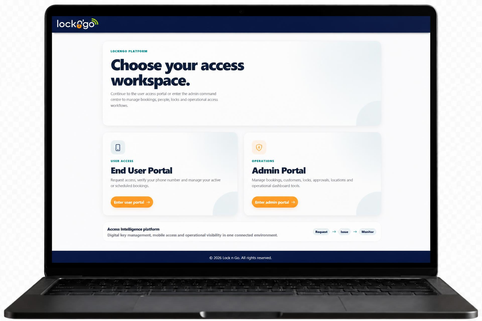 LocknGo user and administrator workspaces displayed on a laptop